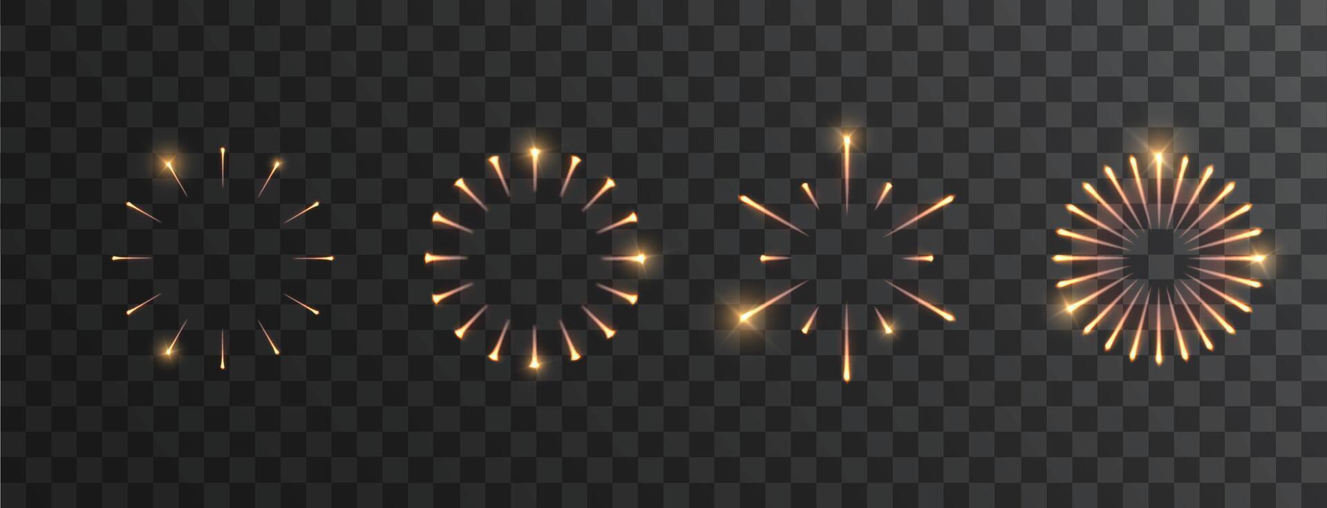 Fireworks in various shapes isolated set. Christmas, New Year, or Birthday holiday design light elements vector