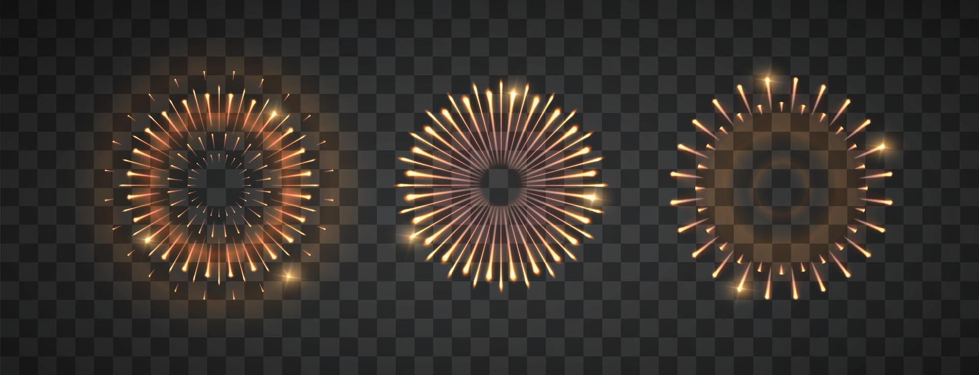 Exploding festival fireworks set, Isolated on dark background. Design concept for holiday banner, poster, flyer, greeting card, decorative. Realistic . vector