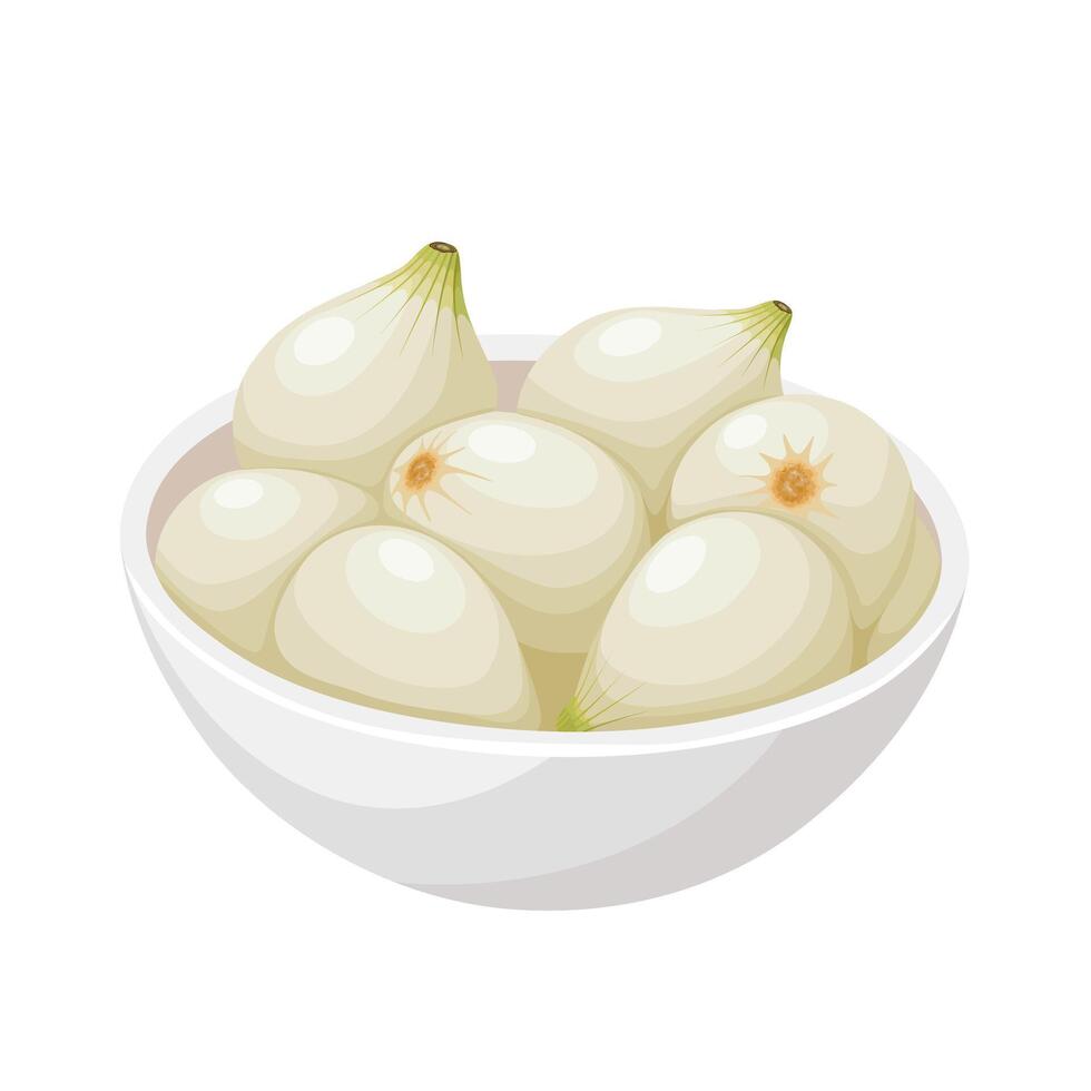 Illustration of pearl onions in a bowl, also known as button onions, baby onions or silverskin onions, isolated on white background. vector