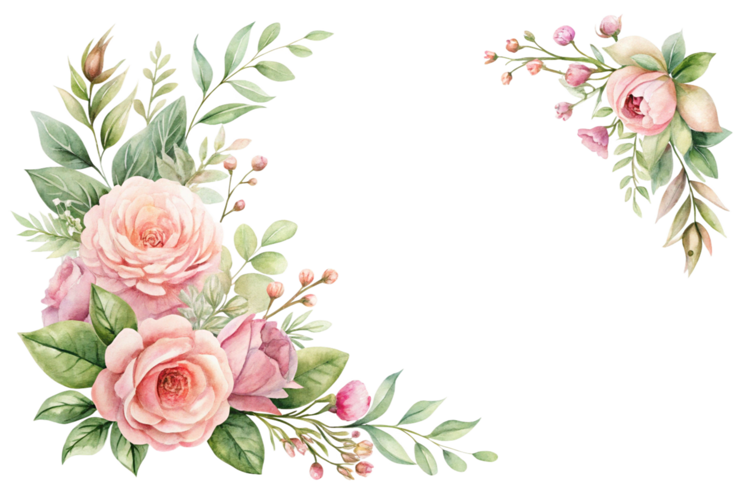 Elegant Watercolor Floral Frames Featuring Delicate Corner Blooms and Soft Foliage on Transparent Background png