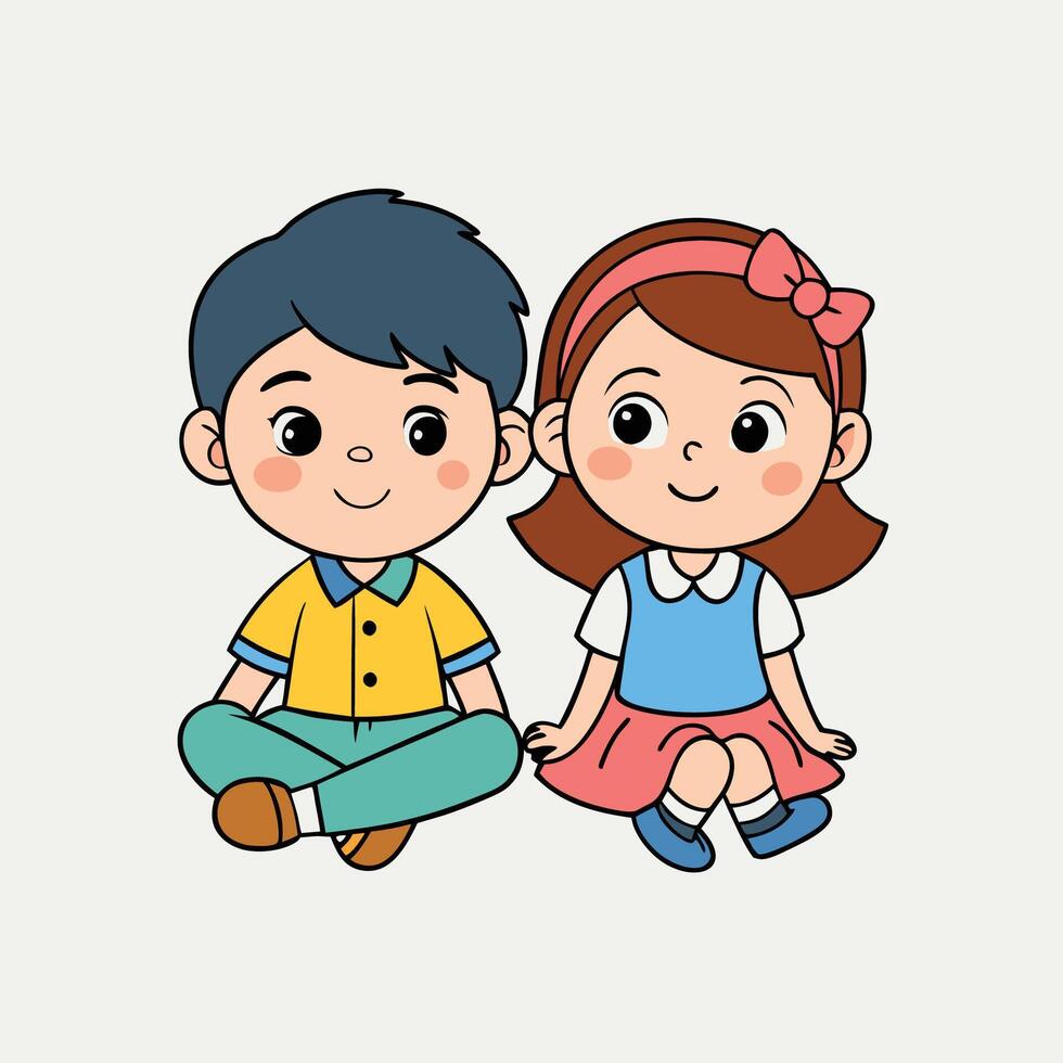 cartoon boy and girl sitting on the floor vector