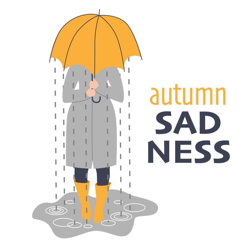 minimalist illustration of woman under umbrella in the rain, capturing the melancholic mood of autumn. solitude, or seasonal change. vector