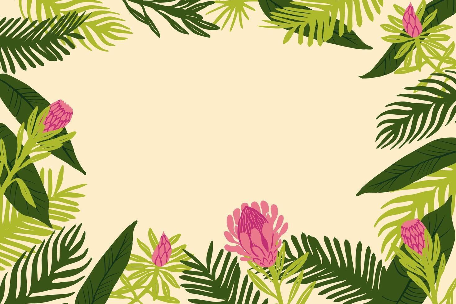Summer floral frame green background with palm tree, monstera leaves, branches. Copy space. horizontal concept for summer party poster, flyer, web baner, invitation design. vector