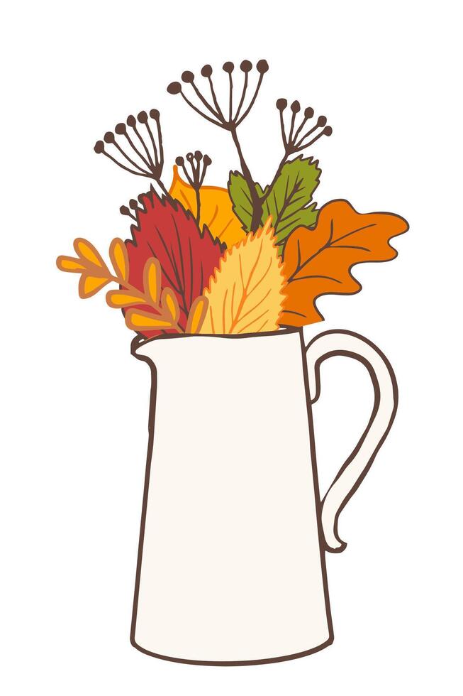 autumn bouquet of leaves and dry grass in a jug, autumn mood illustration for postcard, poster, banner vector
