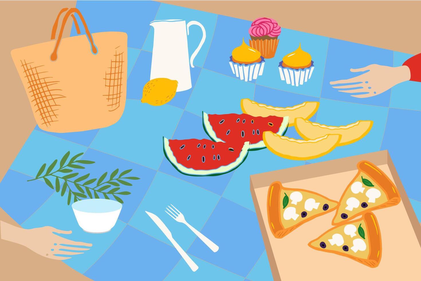 beautiful illustration of a beach picnic with fruits, soft drinks, pizza. Friendly party on the beach. Hand drawn illustration for poster, invitation vector