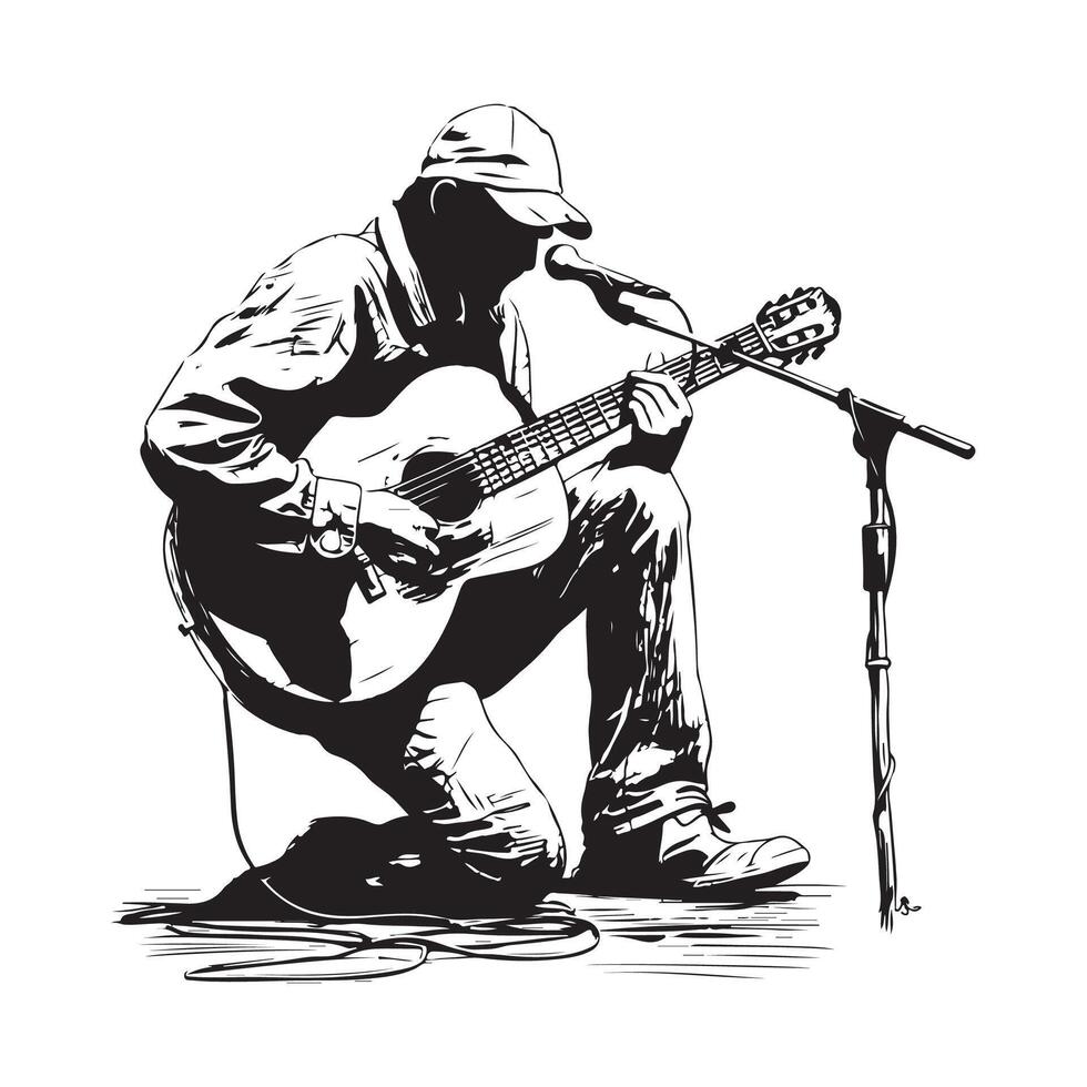 Man singing in microphone and playing guitar stock Image isolated on white background vector