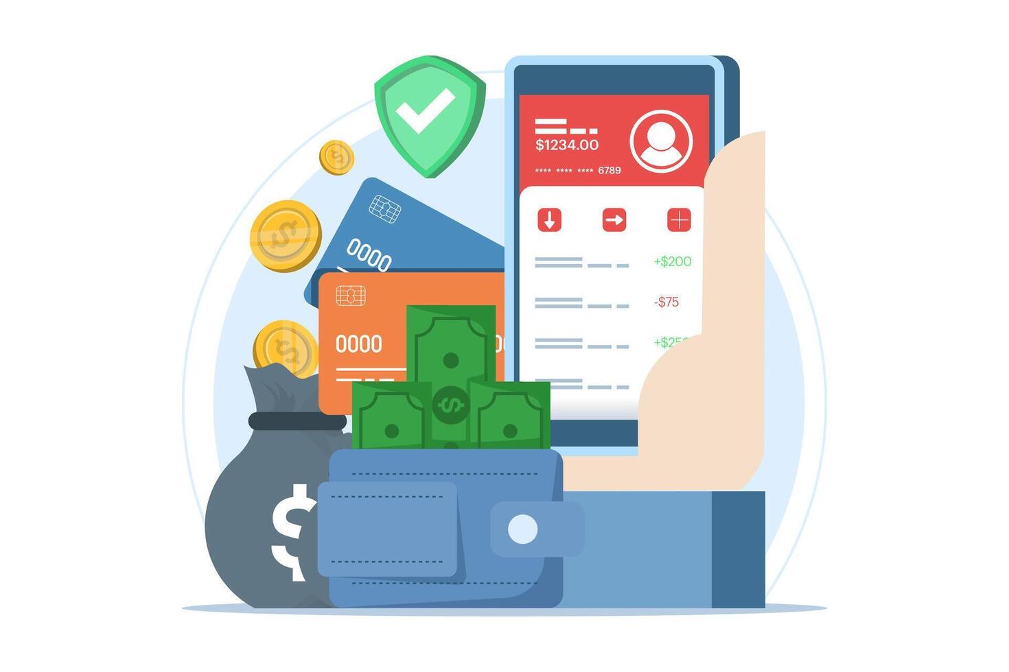 Online banking and mobile payments concept, login to bank account, digital wallet, internet money, savings and finance, mobile banking. Flat illustration on background. vector