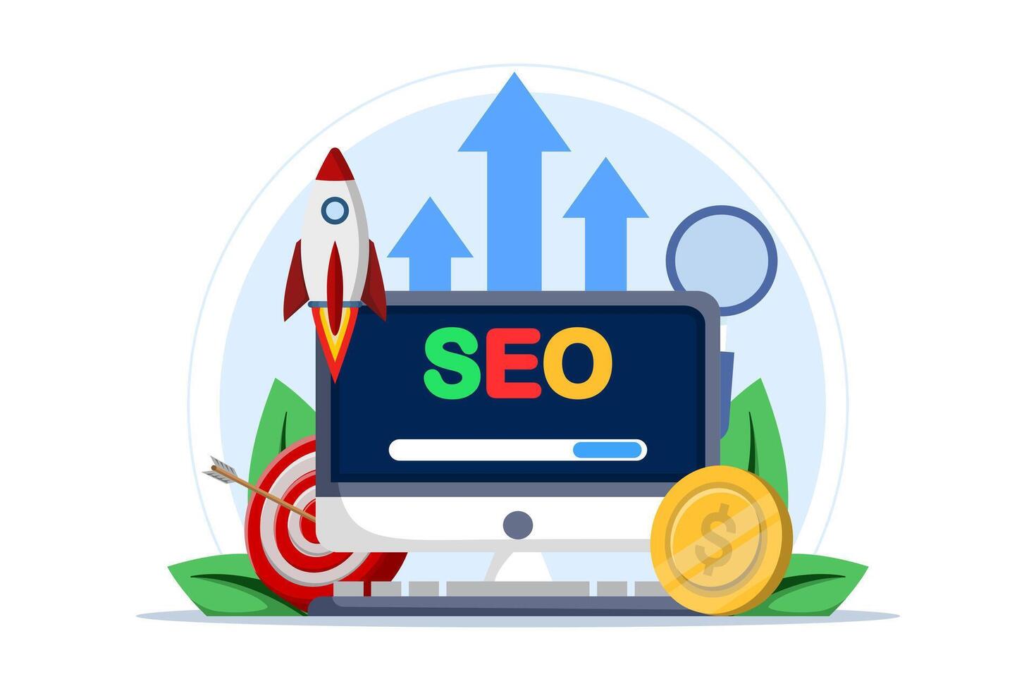 Search engine optimization concept, SEO growth, search engine optimization, analytics. Advertising campaign performance, target audience data, query monitoring. Digital marketing. illustration. vector