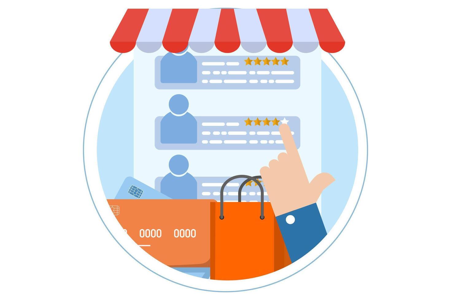 Online customer review concept, customer rating website, online store, digital shop, e-commerce advertising, online shopping business, customer rating and reviews, flat illustration. vector