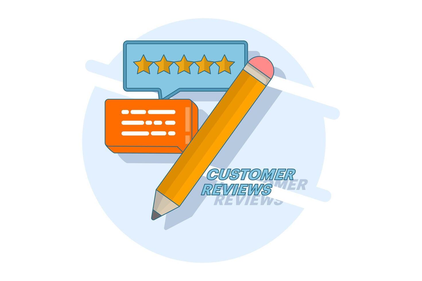Online feedback concept. Write a comment about the product. Survey form. Pencil with five star customer reviews and speech bubble message. Forum with poll. Best rating. Flat illustration. vector