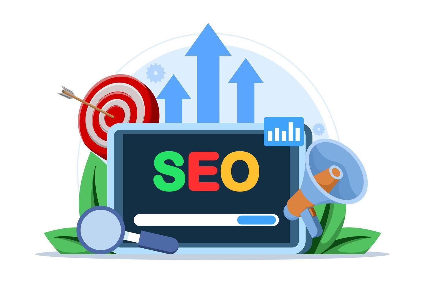 Search engine optimization concept, SEO growth, search engine optimization, analytics. Advertising campaign performance, target audience data, query monitoring. Digital marketing. illustration. vector
