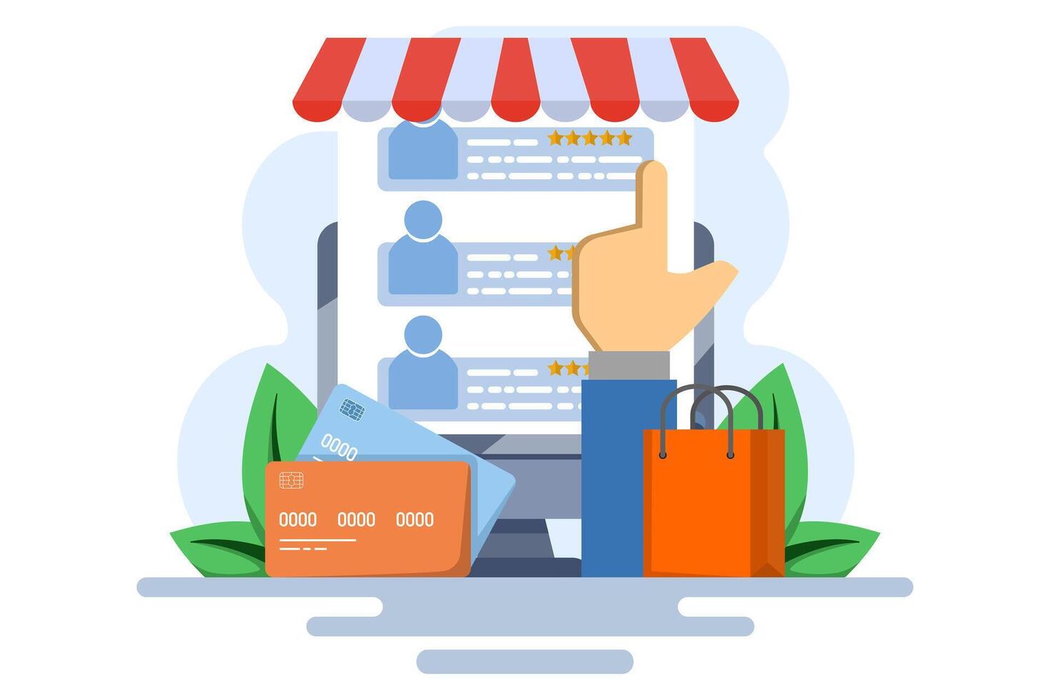 Online customer review concept, customer rating website, online store, digital shop, e-commerce advertising, online shopping business, customer rating and reviews, flat illustration. vector