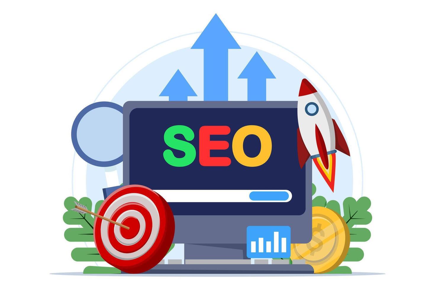 Search engine optimization concept, SEO growth, search engine optimization, analytics. Advertising campaign performance, target audience data, query monitoring. Digital marketing. illustration. vector