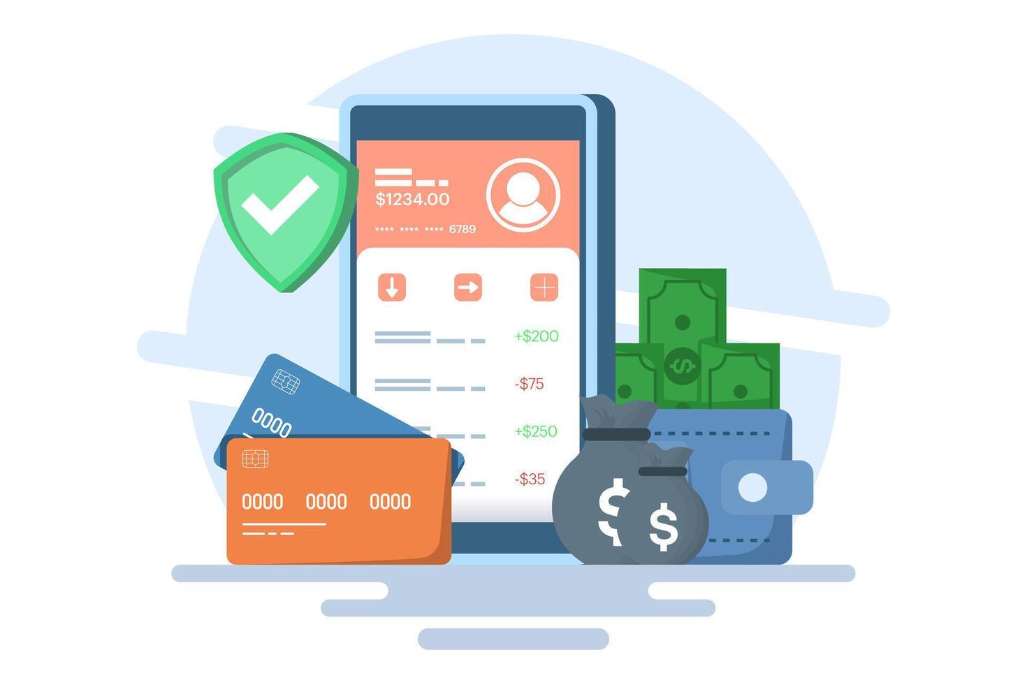 Online banking and mobile payments concept, login to bank account, digital wallet, internet money, savings and finance, mobile banking. Flat illustration on background. vector