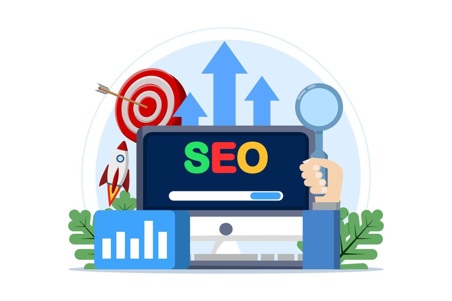 Search engine optimization concept, SEO growth, search engine optimization, analytics. Advertising campaign performance, target audience data, query monitoring. Digital marketing. illustration. vector