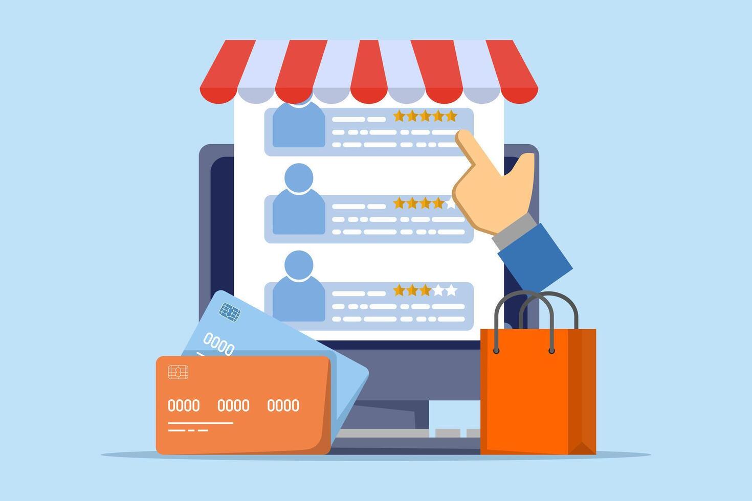 Online customer review concept, customer rating website, online store, digital shop, e-commerce advertising, online shopping business, customer rating and reviews, flat illustration. vector
