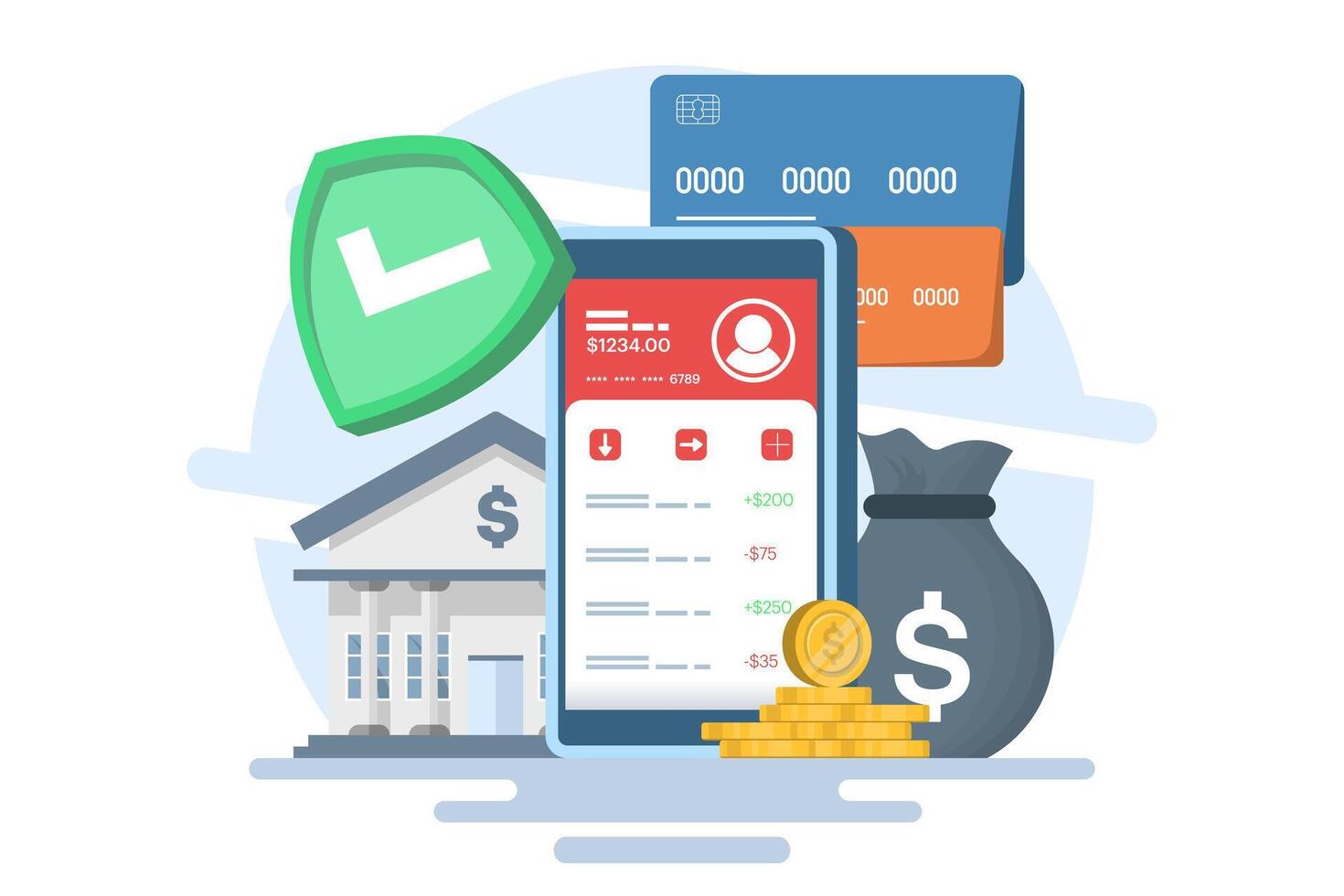 Online banking and mobile payments concept, login to bank account, digital wallet, internet money, savings and finance, mobile banking. Flat illustration on background. vector