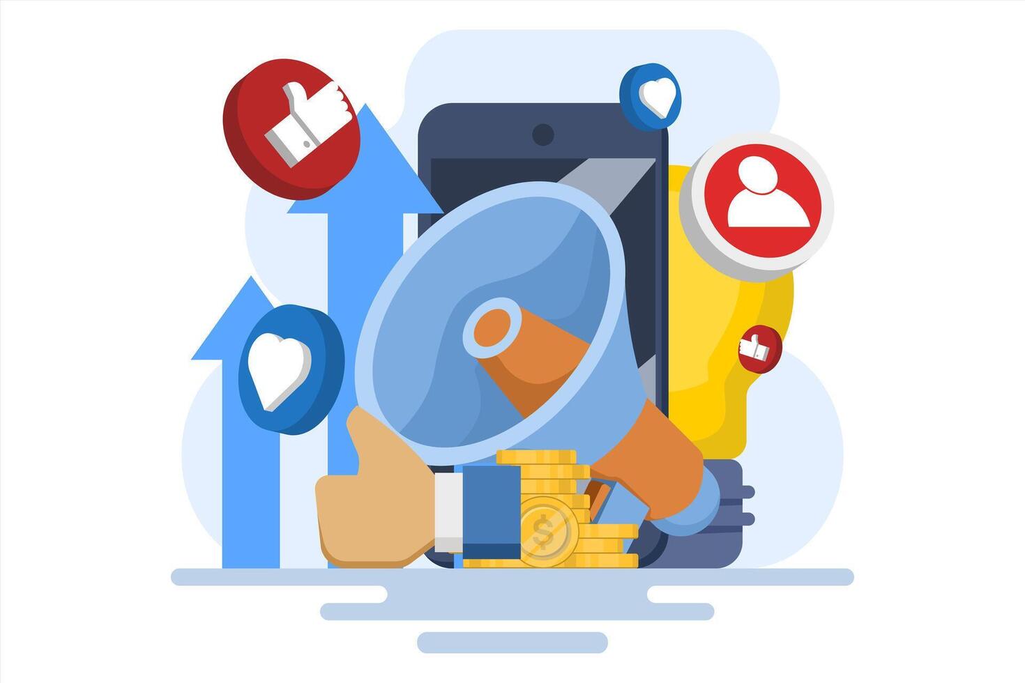 Social media marketing strategy concept, digital marketing agency, startup business, promotion, e-commerce, online social media marketing campaign. flat illustration. vector