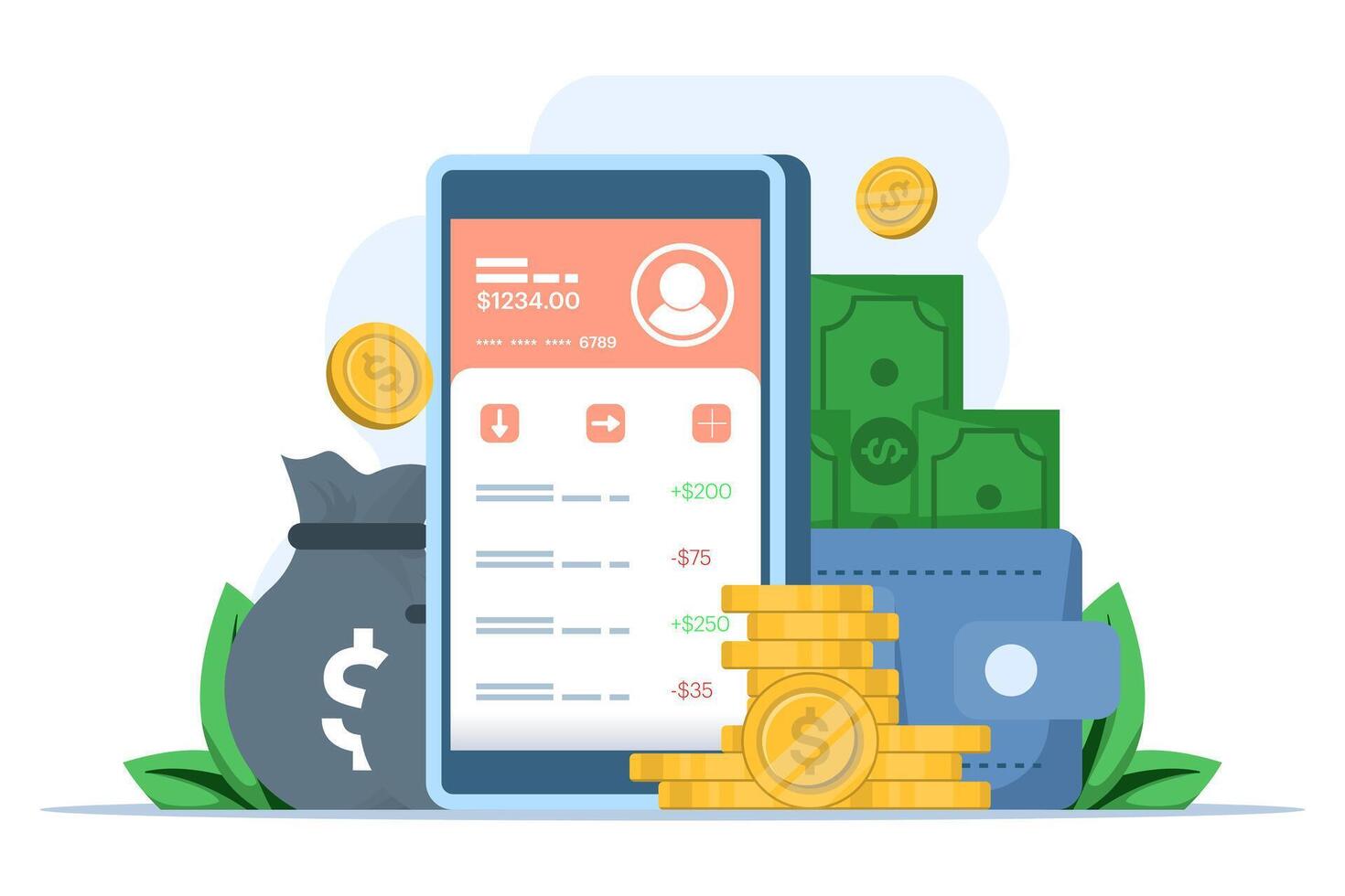 Online banking and mobile payments concept, login to bank account, digital wallet, internet money, savings and finance, mobile banking. Flat illustration on background. vector