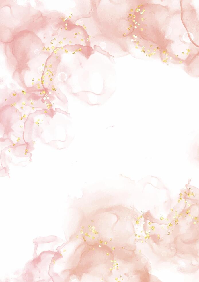 Elegant hand painted pink alcohol ink background with gold glitter vector
