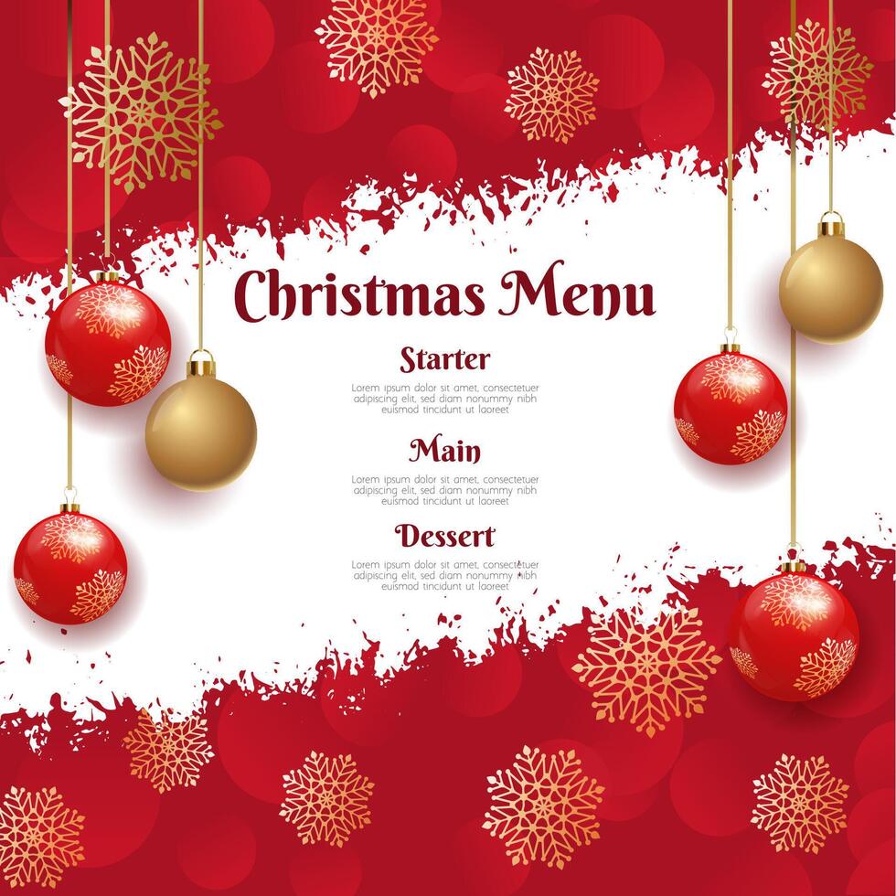 Decorative Christmas menu with hanging baubles and snowflakes vector