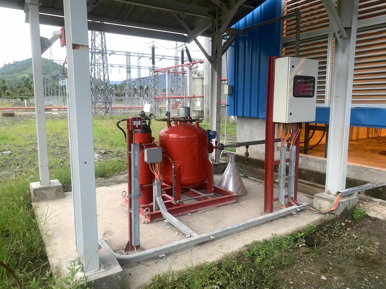 Fire Suppression System in an Industrial Setting. Automatic Fire Extinguishing System Gas Cylinders with Compressed Air. photo