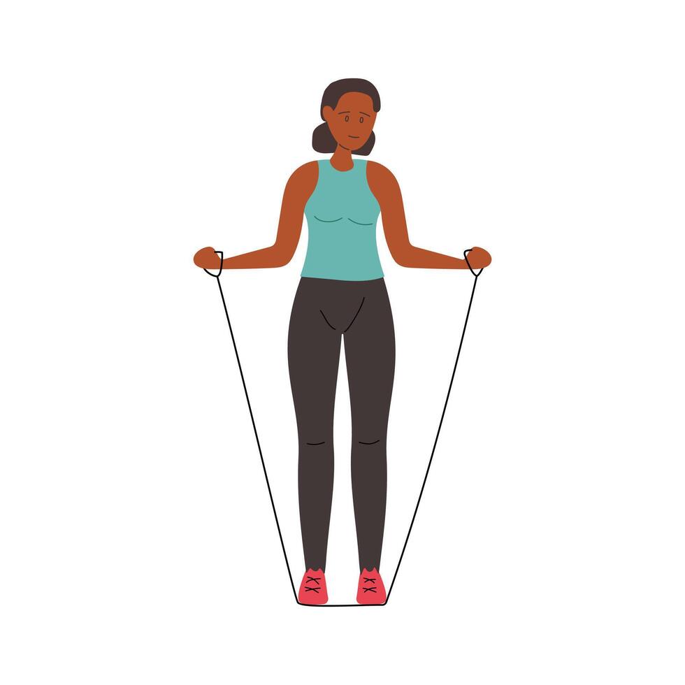 Woman exercising with a jump rope in a fitness routine at home in the morning vector