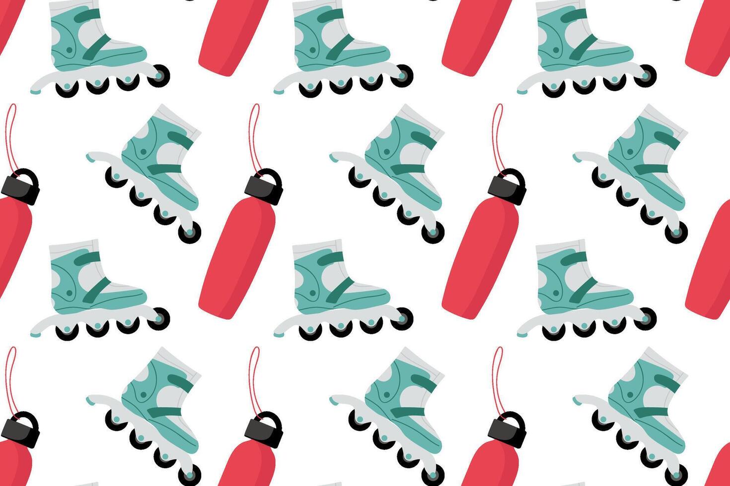 Pattern featuring roller skates and water bottles on a white background vector