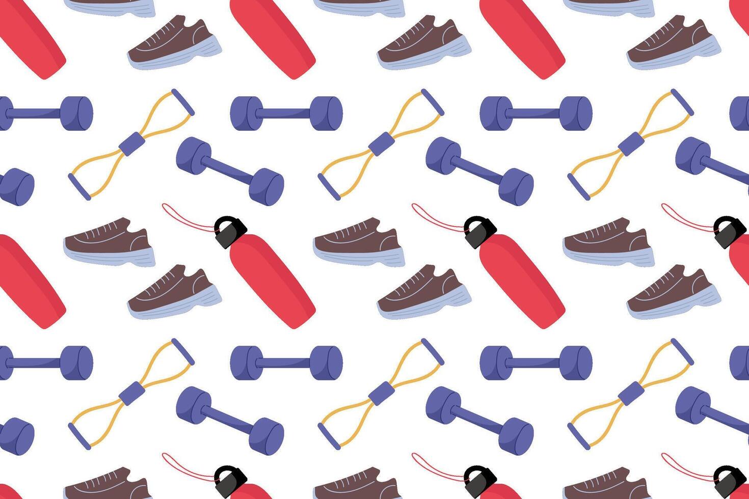 Colorful workout gear pattern with shoes, dumbbells, and water bottles for fitness lovers vector