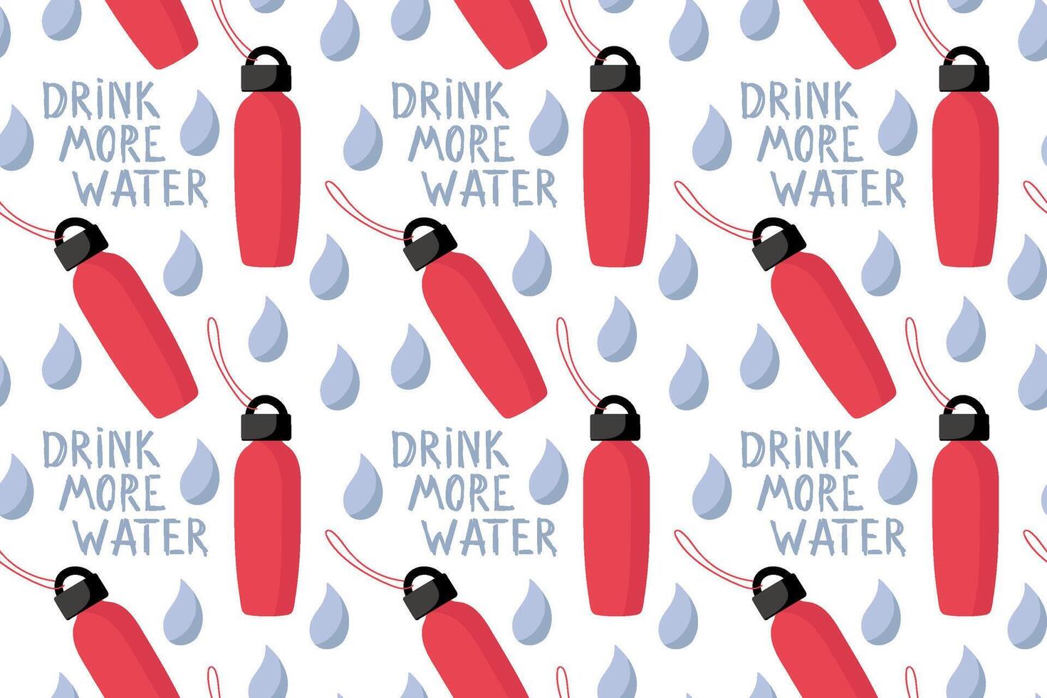 Colorful pattern encouraging hydration with red water bottles and blue drops in a cheerful design vector