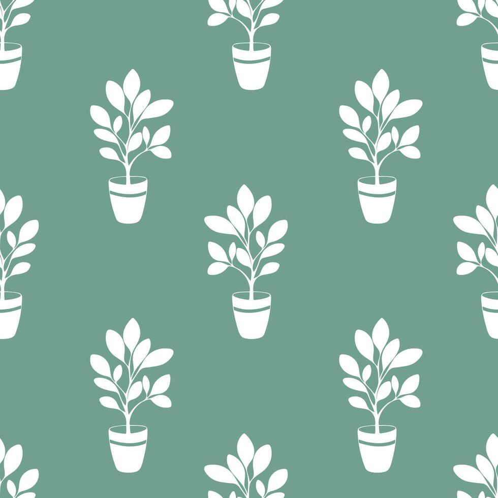 Indoor tree plant in pot pattern. Flower Pots. Hand drawn doodle silhouette white drawing, on green background. vector