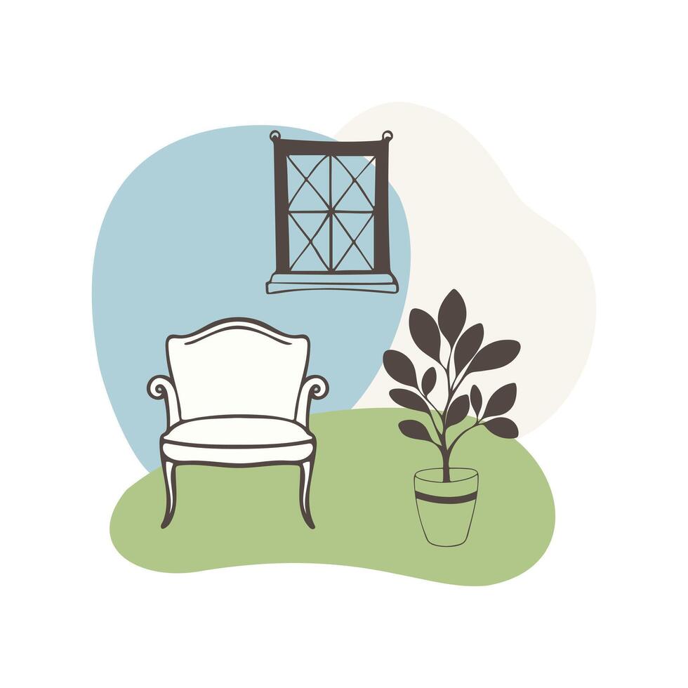 Cozy living room interior with stylish armchair and potted plants near large window in Provencal style setting, pastoral interior, simple doodle drawing with harmonious shapes on background. vector