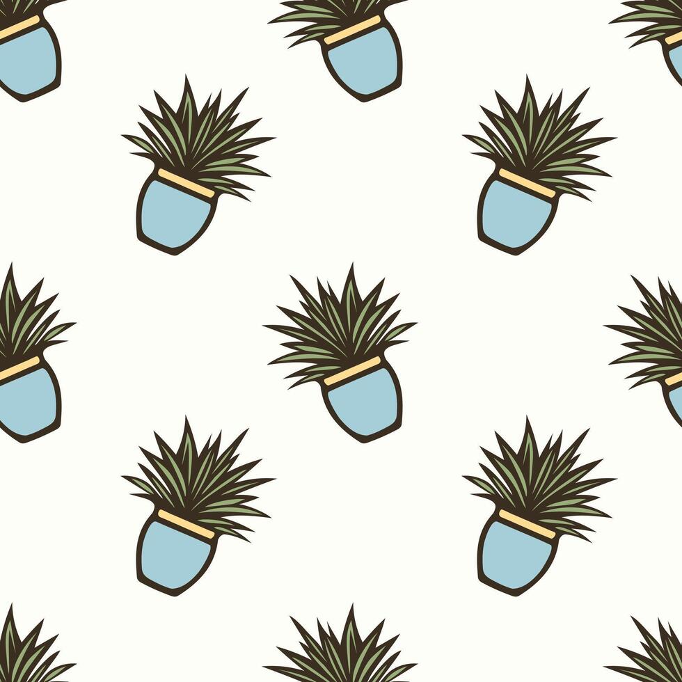Pattern with indoor plants in pots on a cream background. Hand drawn doodle. vector
