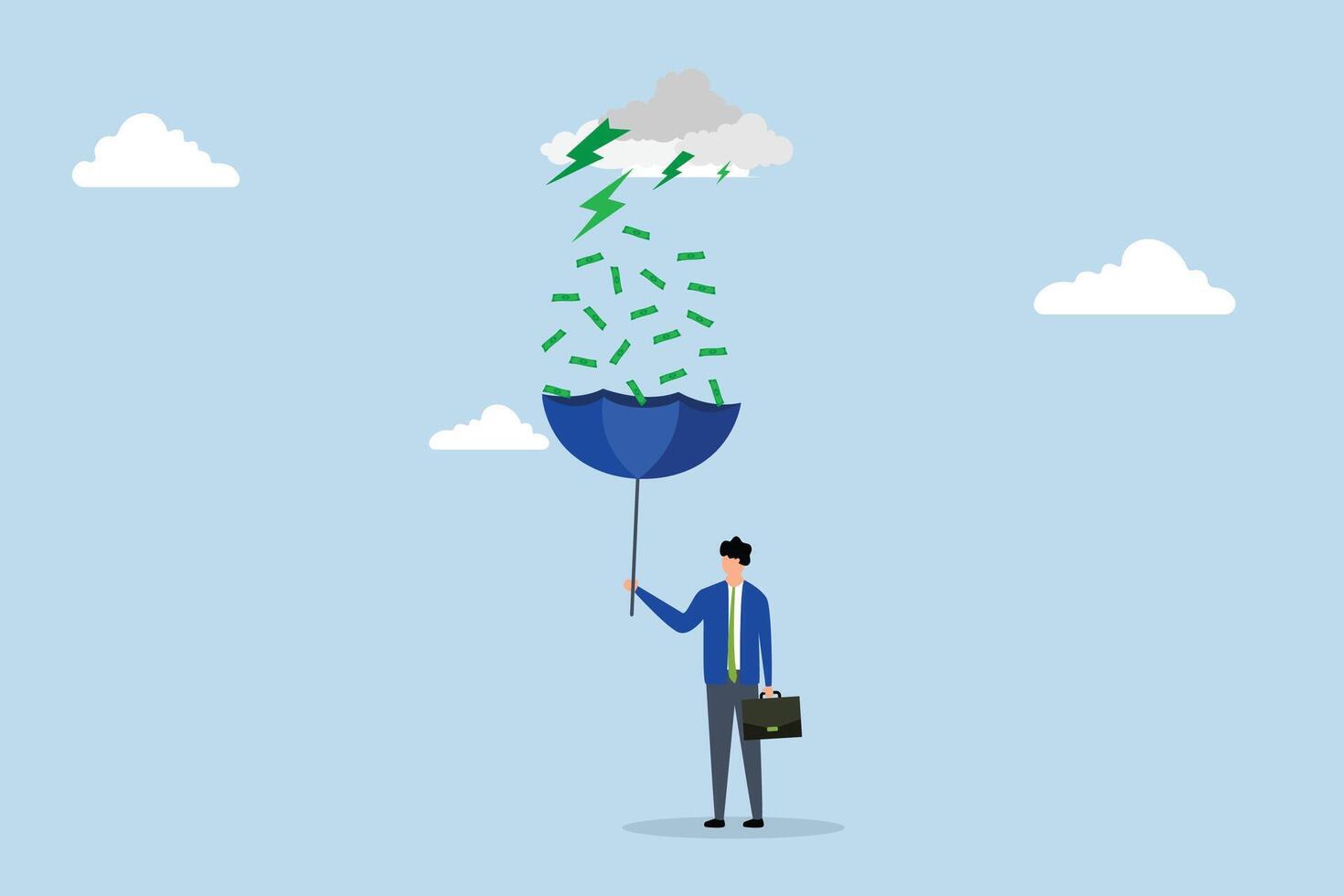 Make money idea, Wealthy entrepreneur is using an umbrella to gather money raining down from an investment storm. vector