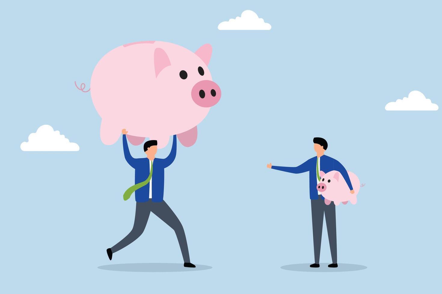 income comparison, Businessman holds a small piggy bank while gazing at a larger pension fund. vector