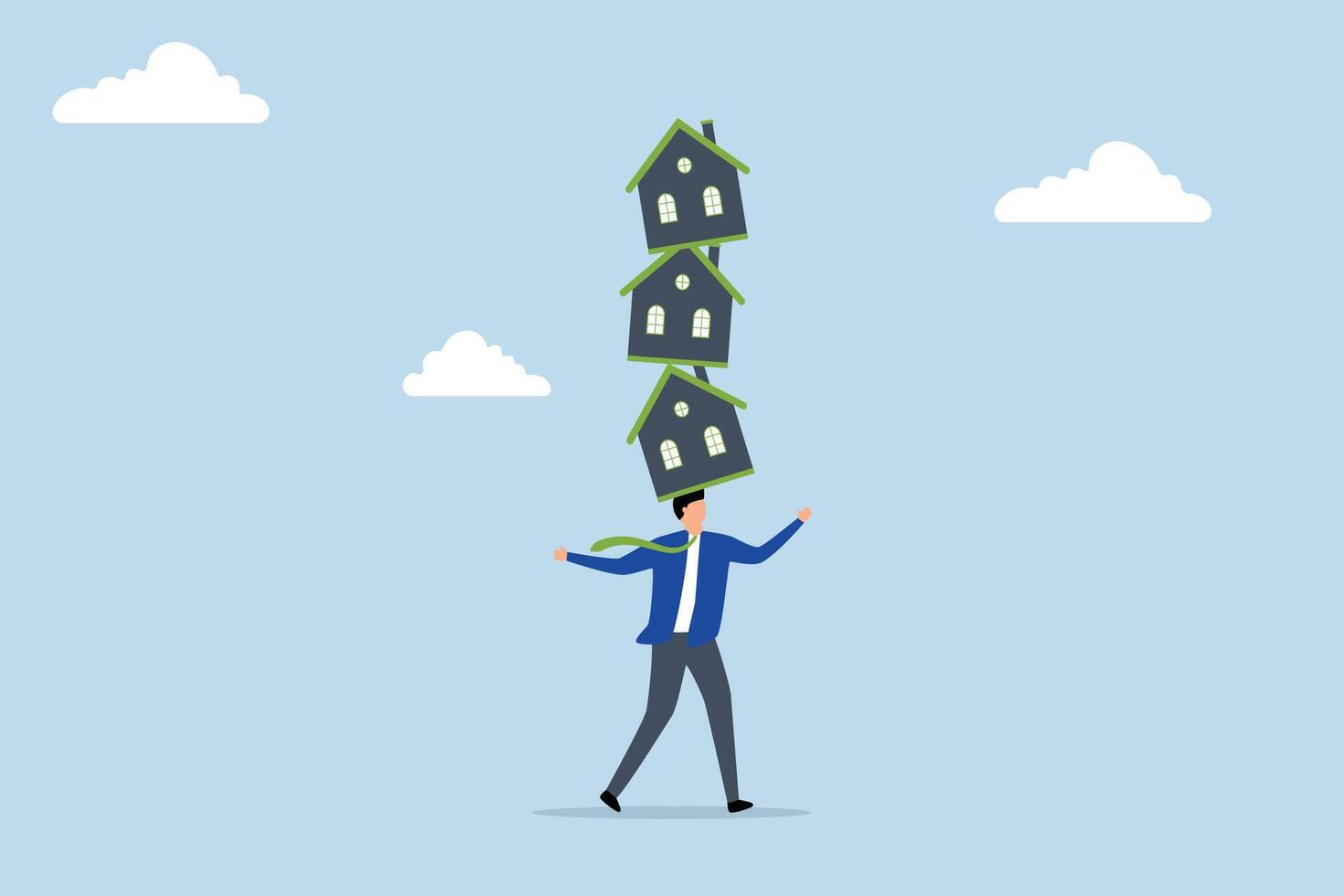 Housing investment risk, The businessman attempted to balance a precarious pile of purchased houses. vector