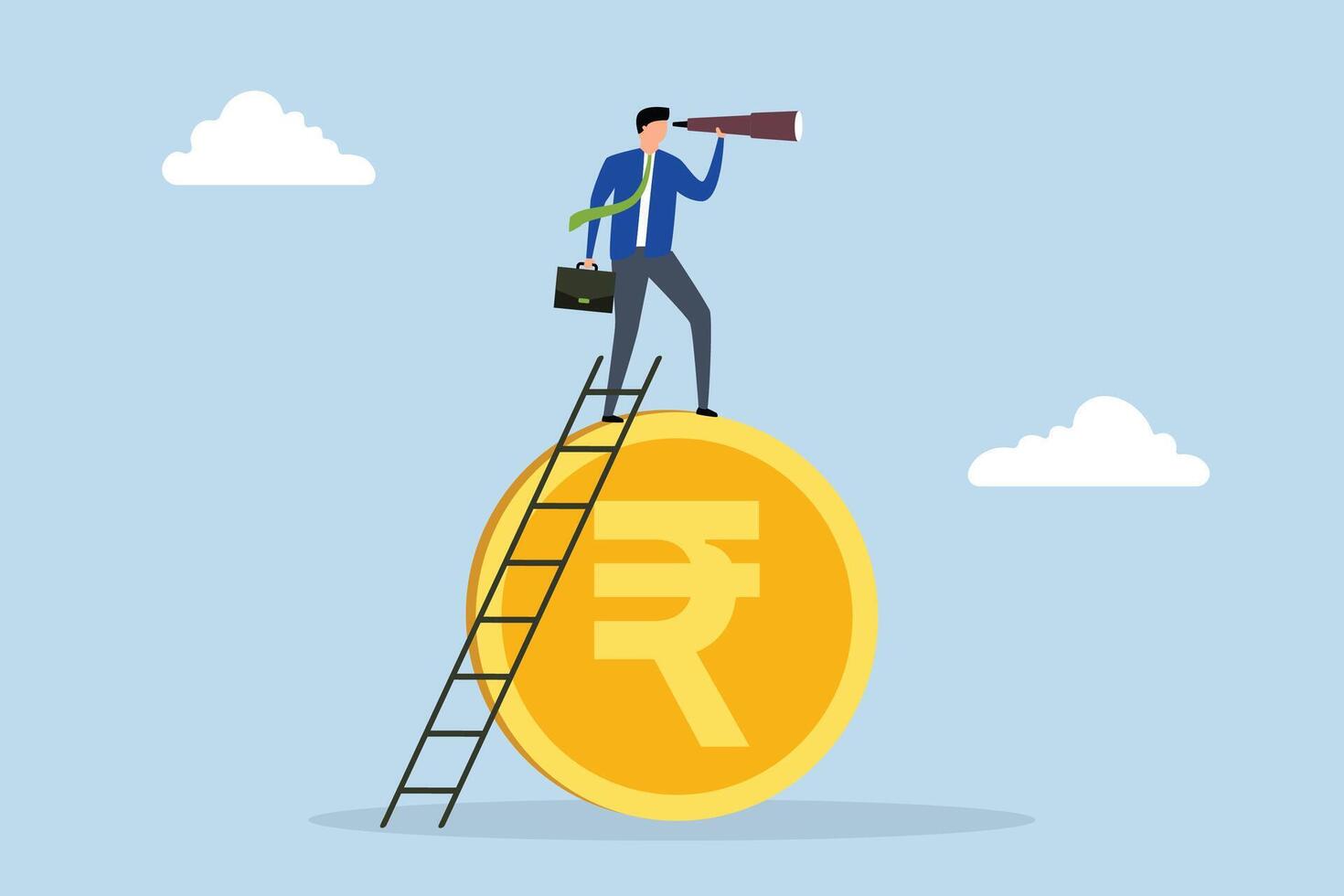 India economic, Intelligent business leader ascends ladder on Indian rupee coin with telescope searching for vision. vector