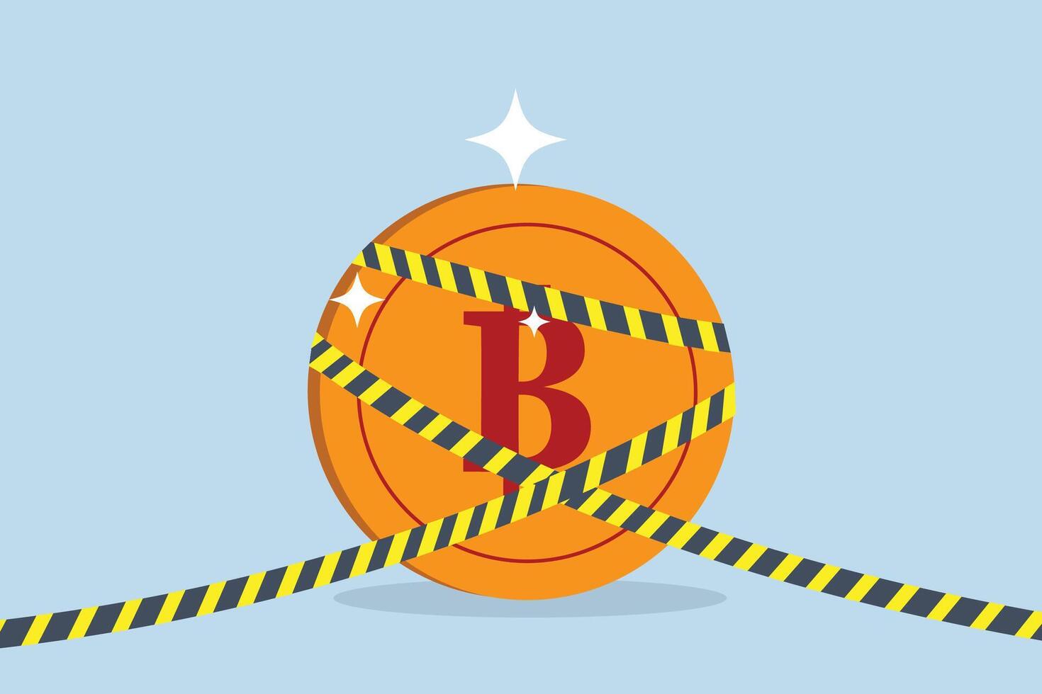 Bitcoin crypto currency banned, Bitcoin, a valuable asset, is surrounded by yellow police tape in a crime scene investigation. vector