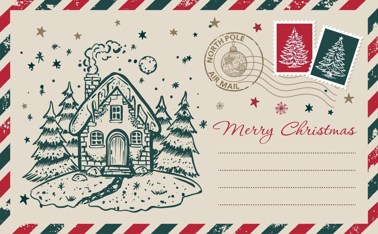 Postcard, Christmas mail with home and tree, hand drawn illustration. vector
