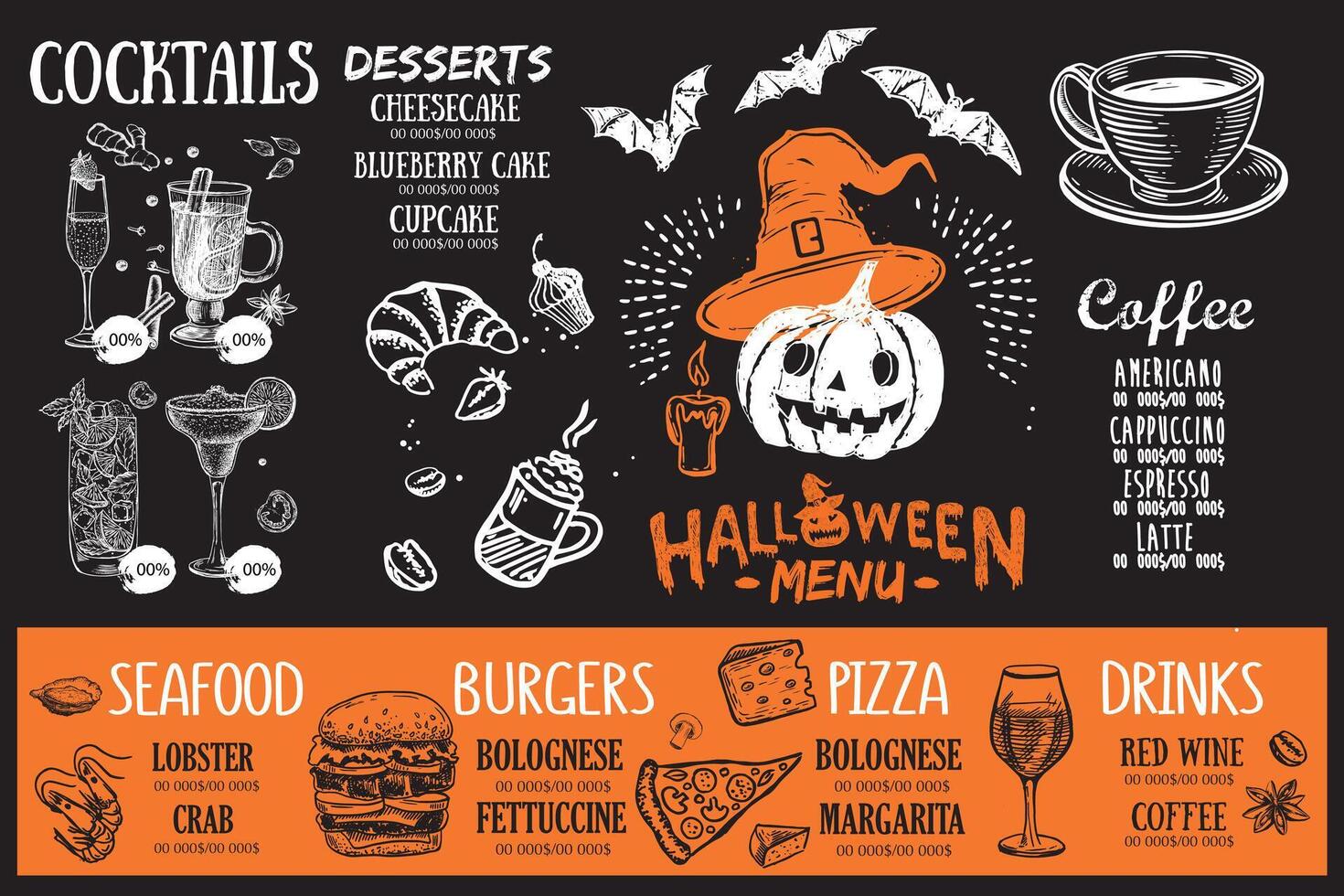 Halloween menu, bat, pumpkin, Restaurant cafe menu, Food flyer, template design. vector