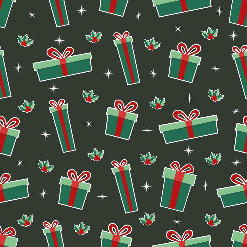 Christmas green gift box with red ribbon seamless pattern on dark green background vector