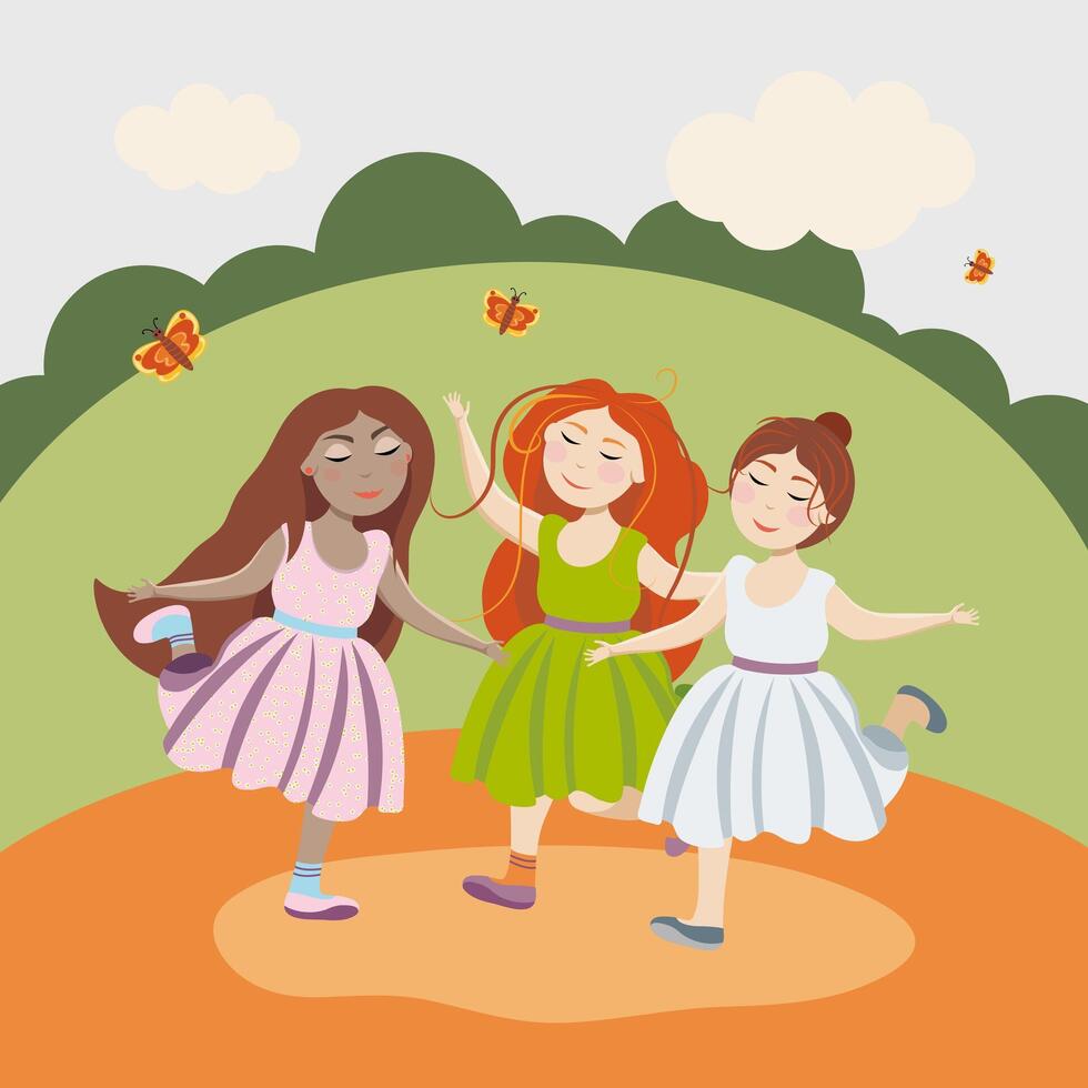 Three girls in dresses are spinning in a dance, closing their eyes vector