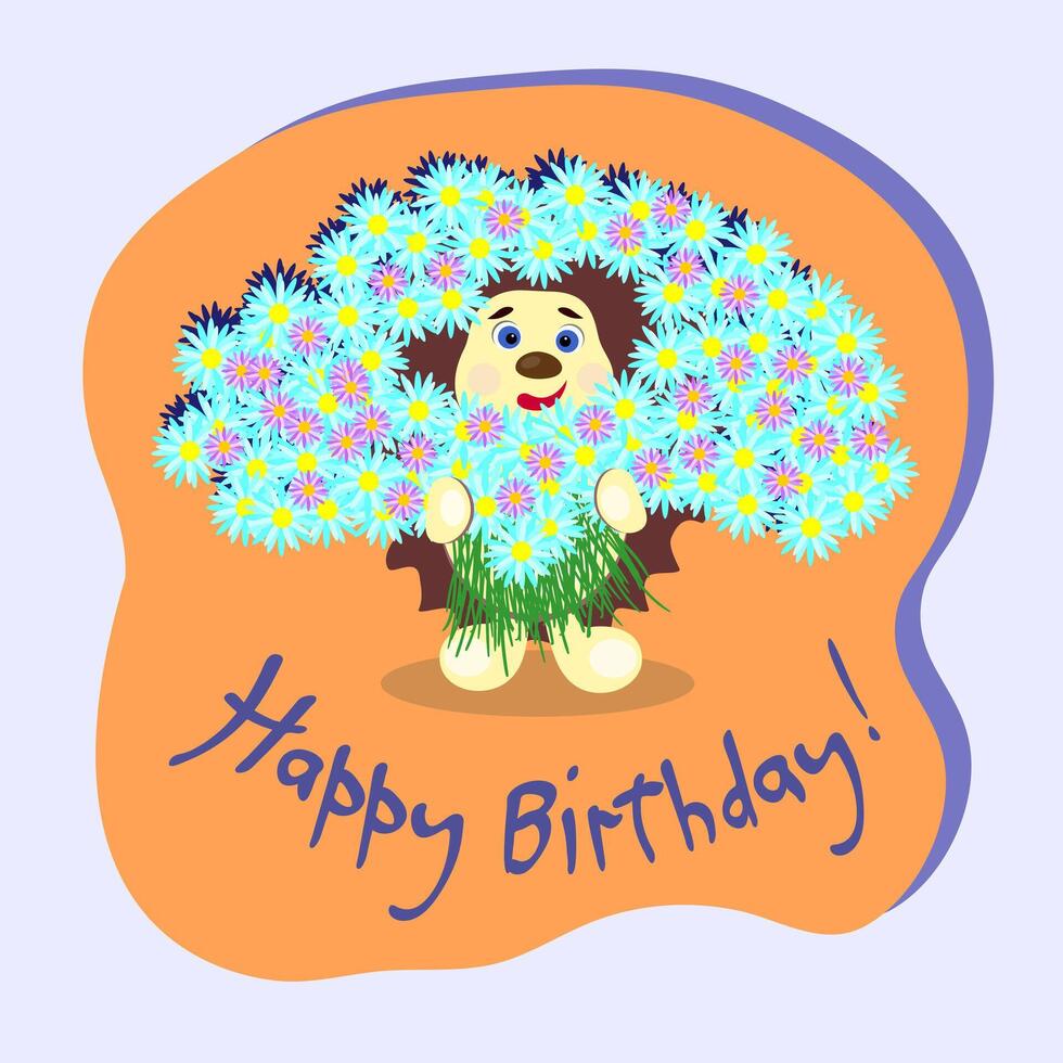 Greeting card Happy Birthday, hedgehog gives a large bouquet of flowers, daisies vector