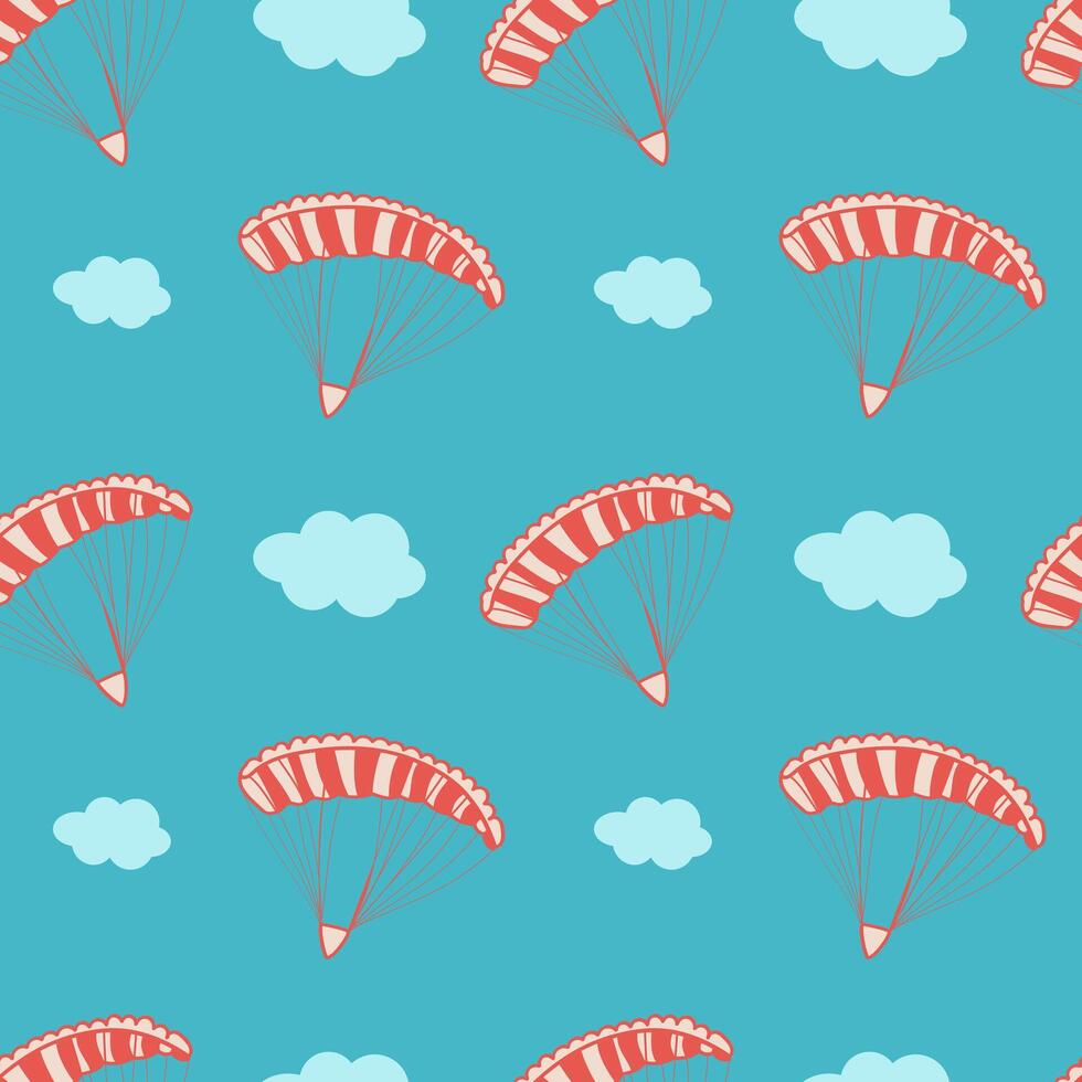 Seamless pattern parachute with clouds against the sky. Doodle, linear . For travel companies, children's rooms, printing on fabric, background for a website, bed linen, dishes, toys vector