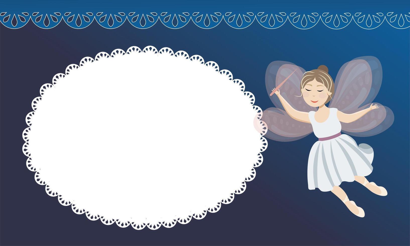 Fairy girl in a white dress with wings and a magic wand on a blue background, with a white lace background for the inscription vector