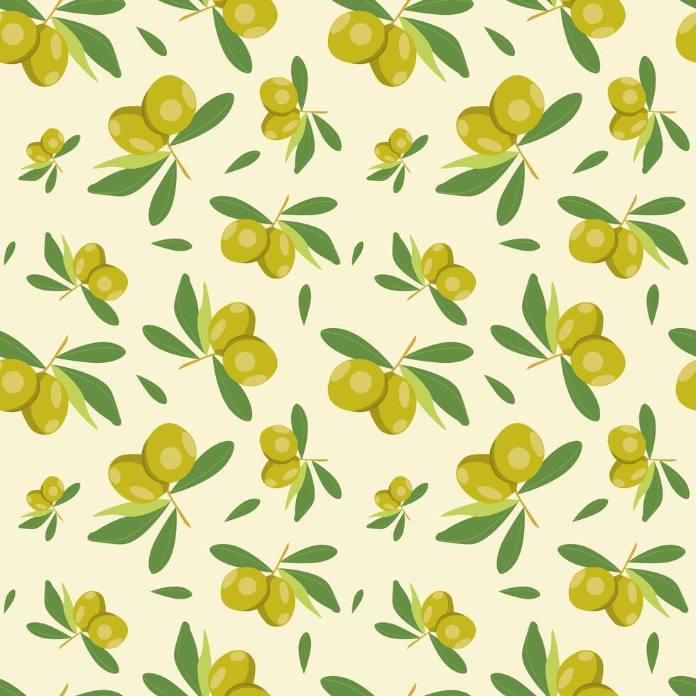 Seamless pattern green olives on a light background. For producers of olive oil, olive cosmetics, printing on tablecloths, packaging paper, oil packaging, cosmetics packaging vector
