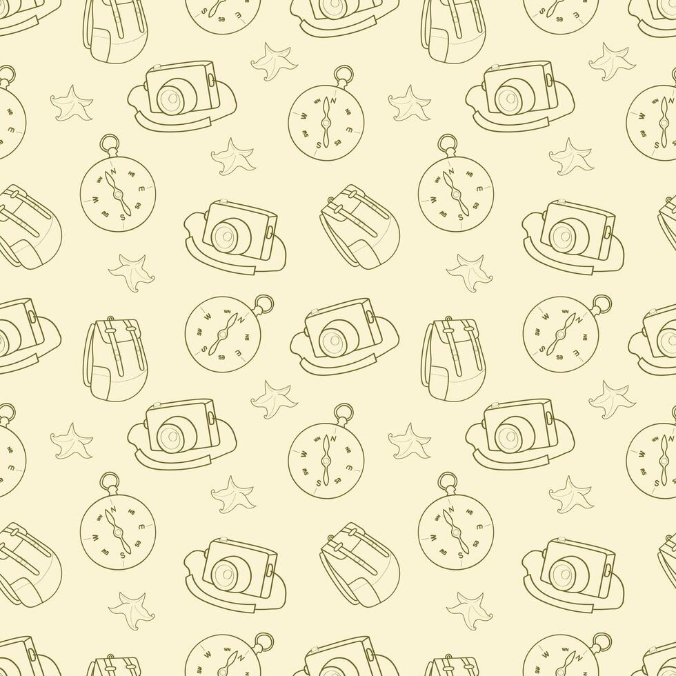 Seamless pattern camera, backpack, compass and starfish. Monochrome pattern, doodle. For travel agencies, travelers, bloggers. Background for the site, printing on fabric. vector
