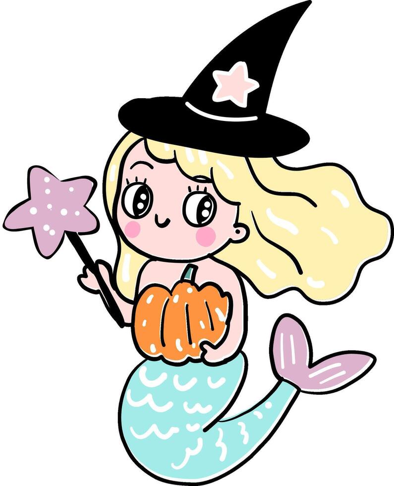 Mermaid with pumpkin and star magic wand hand drawn vector