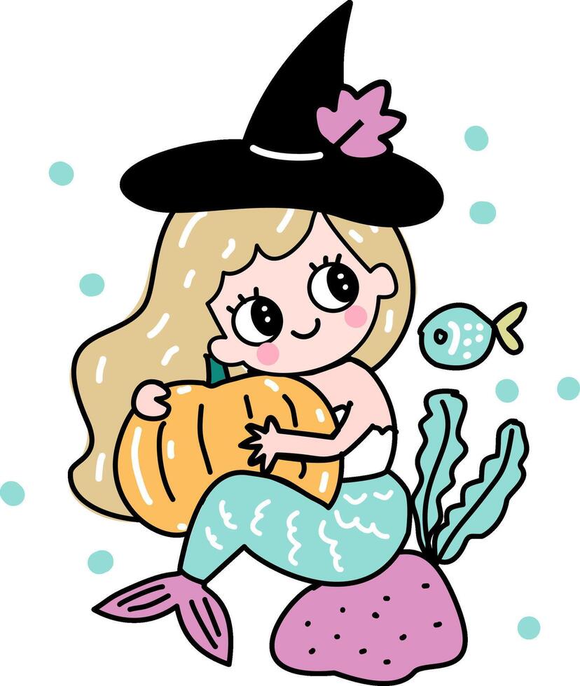 Mermaid with witch hat and pumpkin hand drawn cartoon vector