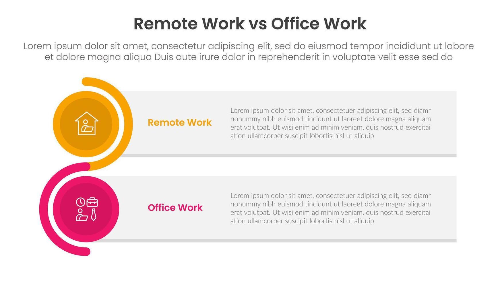 remote work vs office work comparison concept for infographic template banner with rectangle box stack and circle wave with two point list information vector
